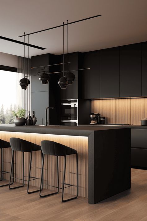 11 Gorgeous Kitchens With Black Worktops Kitchen Black With Wood, Black Wood Kitchen Design, Sleek Black Kitchen, Black Kitchen Units, Wooden And Black Kitchen, Kichen Desine Idea Modern Small Kitchen, Black Kitchen Wood Countertop, Cool Home Bar Ideas, Kitchen Black White Wood