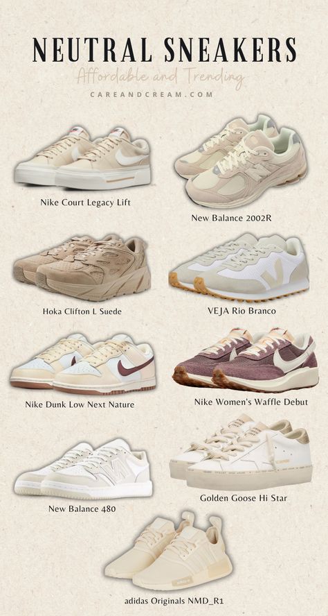 Discover the best neutral sneakers for women in neutral colors like beige, cream, tan, white, and brown. Shop top brands like Nike, New Balance, Adidas, and Veja. Perfect for any outfit! Plus: minimalist sneakers, nude sneakers, sneakers fashion women's, timeless sneakers, casual sneakers women, athleisure wear, street wear. Cute Trainers Women, Neutral Everyday Shoes, Nike Sneker, Tan New Balance Outfit, White And Beige Sneakers, New Balance Shoes Woman, New Balance Styling, Comfort Sneakers Women, Best White Sneakers Women 2024