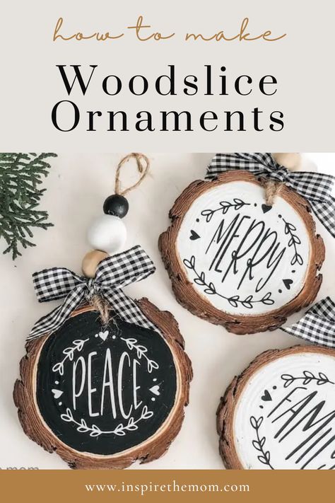 Diy Crafts With Wood Slices, Wood Slice Ornament Sharpie, Christmas Wooden Slices Ideas, Wooden Cookies Wood Slices, Wood Discs Crafts Christmas, How To Make Wood Slice Ornaments, Diy Wood Christmas Ornaments Tree Slices, Wooden Round Ornaments Wood Slices Diy, Round Wooden Ornaments Diy Kids