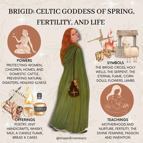 Tea & Rosemary☕️🌱 on Instagram: "Brigid: Celtic Goddess Of Spring, Fertility, and Life⁣ ⁣ Powers: Protecting women, children, homes, and domestic cattle preventing natural disasters, healing illness⁣ Offerings: Poetry, knit handicrafts, whisky, milk, a candle flame, bread & cakes⁣ Symbols: The Brigid Cross, holy wells, the serpent, the eternal flame, corn dolls, flowers, lambs⁣ Teachings: Motherhood and nurture, fertility, the divine feminine, passion, and invention⁣ ⁣ artwork by: Cheryl Yambra Brighid Goddess, Celtic Paganism, Goddess Of Spring, Goddess Magick, Symbole Viking, Irish Mythology, Celtic Gods, Jar Spells, Pagan Gods