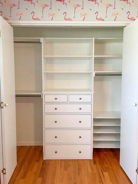 Easy Diy Closet, Teen Closet, Diy Closet System, Diy Closet Shelves, Closet Dresser, Ikea Desk Hack, Closet Redo, Dresser In Closet, Built In Dresser