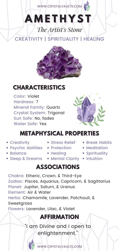 Amethyst Healing Properties Crystal Encyclopedia, Amethyst Healing Properties, Best Healing Crystals, Crystal Healing Chart, Crystal Guide, Crystals Healing Properties, Amethyst Healing, Spiritual Crystals, Gemstone Meanings