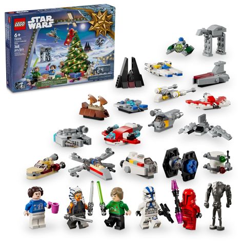 PRICES MAY VARY. LEGO Star Wars Advent Calendar 2024 – Build highlights from the history of LEGO Star Wars sets in chronological order, from 1999 to 2024, with this festive Advent calendar for kids 5 collectible LEGO Star Wars minifigures and 1 LEGO Star Wars figure – Holiday Princess Leia, Holiday Luke Skywalker, Ahsoka Tano, 501st Clone Trooper and a Praetorian Guard, plus a Super Battle Droid Mini Star Wars vehicle models – An X-wing, TIE Fighter, AT-AT, Y-wing, Jabba’s Sail Barge, Millennium Advent Calendar For Kids, Star Wars Advent Calendar, Lego Advent Calendar, Lego Advent, Calendar Advent, Star Wars Minifigures, Calendar For Kids, Construction Lego, Mini Toys