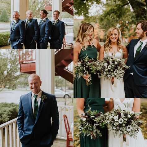 #navyandgreenwedding #weddinginspiration #bouquet #bridesman #bridalparty #groomsmen #fallwedding Navy And Green Bridal Party, Emerald Wedding Party Attire, Navy Suit Green Dress, Blue And Green Bridal Party, Navy And Dark Green Wedding, Navy And Emerald Wedding, Emerald And Navy Wedding, Navy And Green Wedding, Green And Navy Wedding