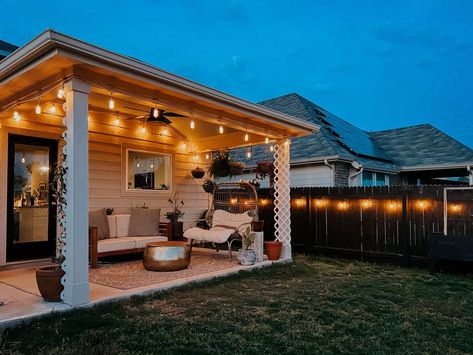 Porch String Lights, Small Covered Patio, Backyard Covered Patios, Covered Back Patio, Diy String Lights, Hanging String Lights, Patio String Lights, Backyard Lighting, How To Hang