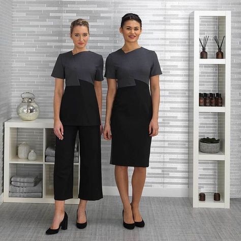 Saloon Uniforms For Women, Salon Wear Work Outfits, Work Uniform Outfits, Hotels Uniform, Spa Uniform Ideas, Salon Uniform Ideas, Beauty Therapist Uniform, Beautician Uniform, Saloon Dress