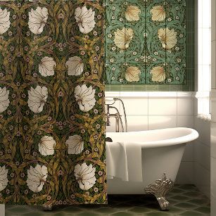 Art Nouveau Floral Pattern, William Morris Pimpernel, Green Shower Curtains, Dante Gabriel Rossetti, Floral Shower Curtain, Art Nouveau Floral, Floral Shower Curtains, Yellow Art, Patterned Shower Curtain