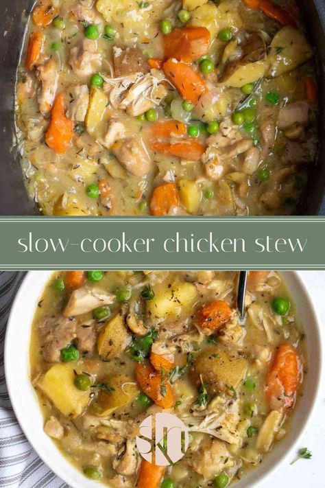 A creamy chicken stew without the cream, this hearty slow cooker chicken stew recipe is perfect for a cold day. Crock Pot Chicken Recipes Potatoes, Queen Of The Slow Cooker, Hearty Slow Cooker Chicken Stew, Damn Delicious Crockpot Recipes, Chicken And Kale Crockpot Recipes, Slow Cooker Recipes Chicken Stew, Croc Pot Fall Meals, Whole 30 Chicken Stew, Soups In Slow Cooker