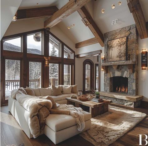 Modern Mountain Home Interior Fireplaces, Mountain Craftsman Style Homes Interior, Montana House Interior, Montana Homes Interiors, Modern Chalet Interior Design, Rustic Mountain Homes Interior, Mountain Chalet Interior, Modern Chalet Interior, Winter Cabin Interior