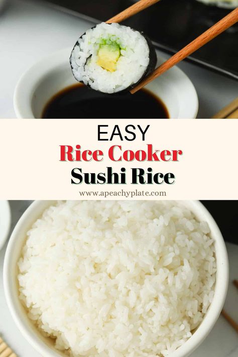 Make delicious sushi rice in your rice cooker at home in just a few steps with this easy recipe. Made with Japanese short grain rice and a quick seasoning of rice wine vinegar, sugar and a pinch of salt—this simple method of making sushi rice is fail-proof, and will go great with your favorite sushi rolls, wraps, and rice bowls! Get the recipe on www.apeachyplate.com Sushi Rice In Rice Cooker, Cook Sushi Rice, Cooking Sushi Rice, Perfect Sushi Rice, Best Sushi Rice, Rice In Rice Cooker, Make Sushi Rice, Making Sushi Rice, Sushi Rice Recipes