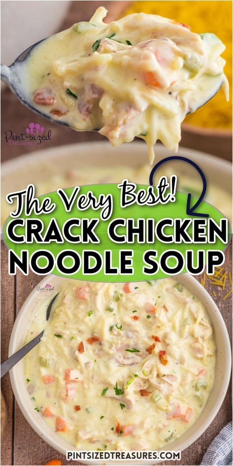 Prepare a quick and satisfying dinner in just 20 minutes with Pint-sized Treasures' homemade crack chicken noodle soup. It is cooked on the stovetop and features savory rotisserie chicken and egg noodles. It's the ideal comfort food for an easy and satisfying dinner. Chicken And Egg Noodles, Rotisserie Chicken Soup, Creamy Chicken Noodle Soup, Soup Crocks, Chicken Noodle Soup Homemade, Noodle Soup Recipes, Soup Recipes Chicken Noodle, Chicken Soup Recipes, Chicken Noodle Soup