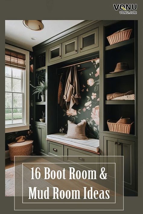 Inspiring boot room with green cabinetry, floral wallpaper, cozy bench seating, and smart storage solutions for a stylish and functional entryway. Mud Drop Zone, Custom Hall Tree Entryway, Mud Room Ideas Small Entryway, Best Mud Room Ideas, Mudroom Decorating Ideas Entrance, Small Mudroom Layout, Cabinets In Entryway, Mudroom Boot Storage, Diy Mudroom Shoe Storage Ideas