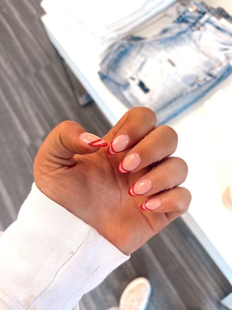 Red Outlined French Tip Nails, Red Stylish Nails, Negative Space French Tip Nails, Red Outline French Tip Nails, Maroon French Tip Nails Almond, French Tip With Red Line, Open French Tip Nails, Red And White Tip Nails, Red French Tip With Design