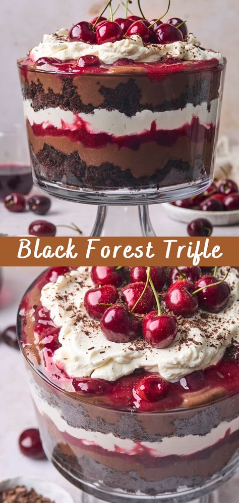 Black Forest Trifle Recipe | Cheff Recipes Black Forest Parfait, German Chocolate Trifle Desserts, Black Forest Cake Trifle, Food Recipes Around The World, Dessert Recipes With Cherries, Black Forest Truffle, Black Forest Torte, Black Forest Trifle Christmas, Black Forest Trifle Easy