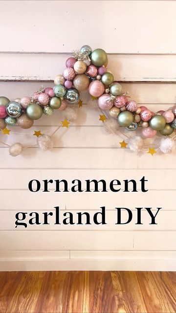 Anna ✨ on Instagram Diy Tinsel Garland, Diy Bulb Garland Christmas Balls, Diy Ball Garland Christmas, Diy Ornament Arch, How To Decorate With Tinsel Garland, Diy Christmas Ball Garland, How To Make An Ornament Garland, Diy Ribbon Garland Christmas, How To Make Ornament Garland