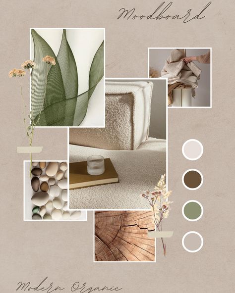 Moodboard Monday. Modern organic is a blend of modern minimalism with a touch of nature elements. Warm neutral tones and rich textures creates a sophisticated yet warm and comfortable aesthetic. Natural Organic Interior Design, Organic Contemporary Interior Design, Meditation Business, Salon Room Ideas, Modern Moodboard, Organic Modern Interior, Organic Minimalism, Organic Interior Design, Organic Contemporary