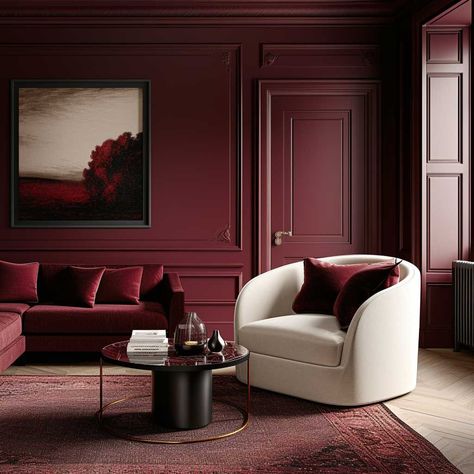 Burgundy Walls Living Room, Berry Living Room, Wall Colour Combinations, Maroon Room, Maroon Living Room, Monochromatic Living Room, Red Interior Design, Burgundy Living Room, Burgundy Walls