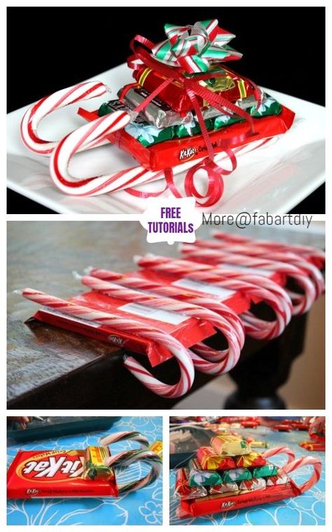 Candy Cane Sleighs, Julkransar Diy, Christmas Gifts For Teens, Christmas Candy Crafts, Gift Tutorial, Candy Sleigh, Candy Cane Sleigh, Christmas Candy Gifts, Small Christmas Gifts