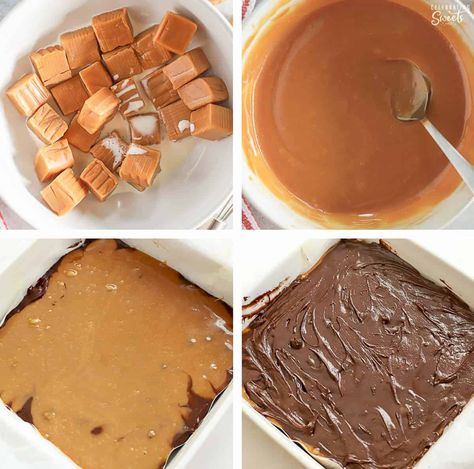 Collage making caramel brownies: caramel in a bowl, batter in a pan. Salted Caramel Brownies From Box Recipe, Caramel Filled Brownies, Carmel Candy, Making Caramel, Brownies Caramel, Celebrating Sweets, Coconut Brownies, Raw Brownies, Strawberry Brownies