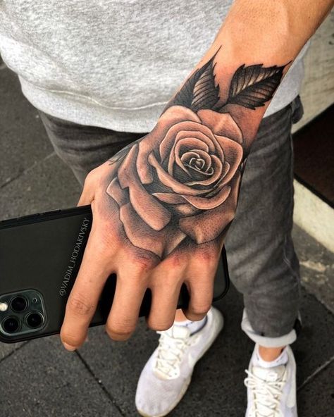 |#tattoo #handtattoo #tattoos #rosetattoo #tattoorose 1407 Mens Body Tattoos, Tato Flash, Black Men Tattoos, Rose Hand Tattoo, Rose Tattoos For Men, Forarm Tattoos, Hand Tats, Guitar Tattoo, Forearm Sleeve Tattoos