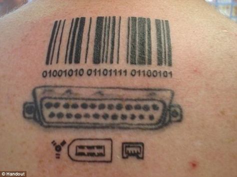 article about nerdy tattoos - some of these are amazing! and oh soo freaking painful to imagine being done! Computer Science Tattoo, Tech Tattoo Ideas, Computer Tattoo, Geeky Tattoos, Chip Tattoo, Nerd Tattoos, Tech Tattoo, Barcode Tattoo, Science Tattoo