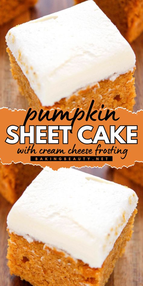 Whip up a Pumpkin Sheet Cake with Cream Cheese Frosting—this dump and bake recipe features sweet cream cheese frosting, making it perfect for simple fall desserts and pumpkin food ideas. Indulge in the ease of this recipe while savoring the flavors of fall! Sheet Cake Pumpkin Bars With Cream Cheese Frosting, Cream Cheese Pumpkin Recipes, Pumpkin Bar Cake, Maple Sheet Cake Recipe, Pumpkin Sheet Cake With Cream Cheese Frosting, Pumpkin Cake With Cream Cheese Filling, Sour Cream Pumpkin Cake, Pumpkin Bread With Spice Cake Recipe Easy, Fall Sheet Cake Recipes