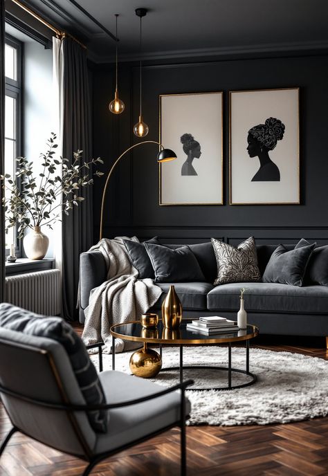 Dark Grey Couch Living Room Grey Couch Living Room Black Accent, Grey Living Room Black Sofa, Grey Gold And Black Living Room Ideas, Charcoal Leather Couch Living Room, Living Room Designs Dark Grey Couch, Dark Couches Living Room Decor, Living Room Dark Grey Couch, Dark Gray Living Room Ideas, Charcoal Sofa Living Room