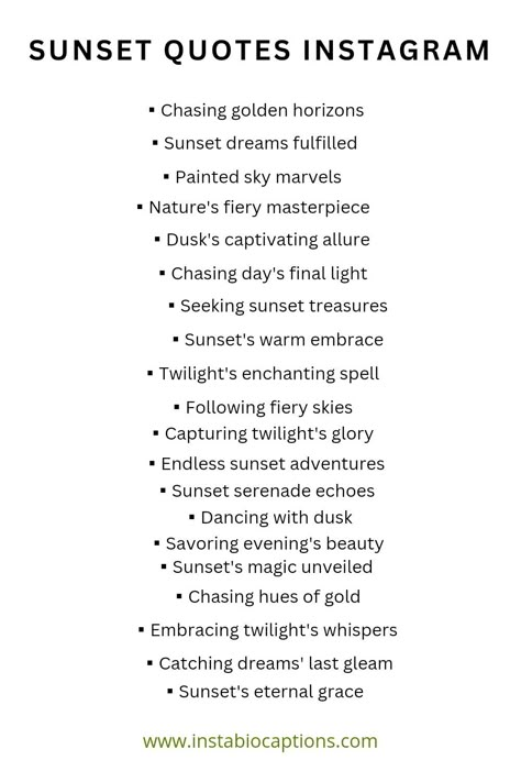 Capture the beauty of dusk with inspiring sunset quotes for your Instagram feed. 🌅 Embrace the breathtaking hues and profound reflections as you immerse yourself in the magic of sunsets. 🌇 Let these soul-stirring quotes paint your captions with warmth and wonder. Share the splendor of nature's farewell with your followers! #SunsetQuotes #InstagramCaptions #SunsetMagic Sunset Reflection Quotes, Caption On Sunset For Instagram, Sunset Quotes Deep Short, Capture Quotes Photography Words, Sunset Story Caption, Quotes On Sunset Beauty, Short Profound Quotes, Sunset Short Captions, Soulful Captions