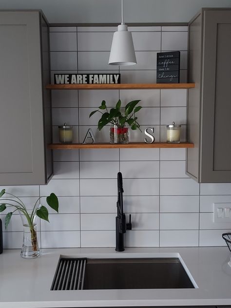 One Wall Kitchen No Window, Sink No Window Kitchen, Off Centered Kitchen Sink Window, No Window Over Sink Ideas, Blank Wall Above Kitchen Sink, Fake Kitchen Window Over Sink, Fake Window Above Kitchen Sink, Space Above Sink Kitchen No Window, Kitchen Shelving Ideas Above Sink