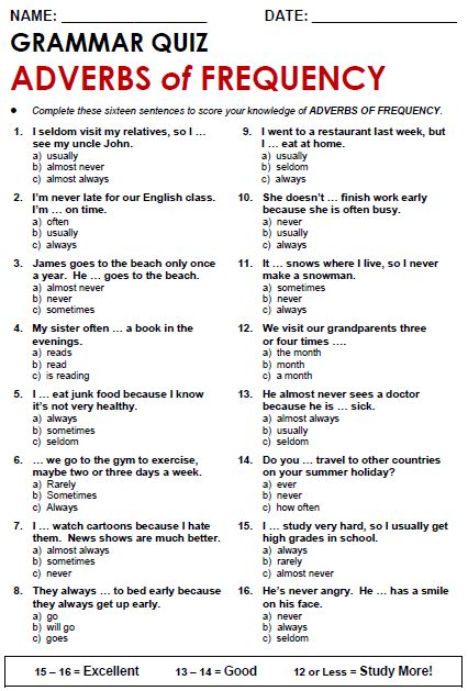 Quality ESL grammar worksheets, quizzes and games - from A to Z - for teachers & learners ADVERBS  of FREQUENCY Past Simple Grammar, English Grammar Quiz, Esl Grammar, English Grammar Exercises, English Quiz, Grammar Quiz, English Teaching Materials, Grammar Exercises, Personal Pronouns