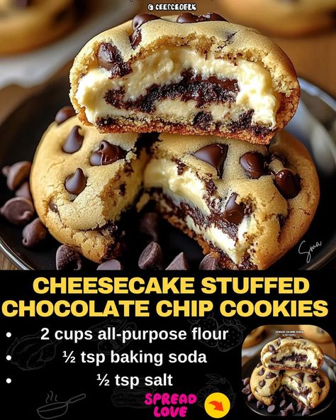 Cheesecake Stuffed Chocolate Chip Cookies Chocolate Chip Cheesecake Cookies Recipe, Cheesecake Cookies Recipes, Stuffed Chocolate Chip Cookies, Cake Filling Recipes, Chocolate Chip Cheesecake, Chocolate Chip Cookies Recipe, Soft Chocolate Chip Cookies, Tastemade Recipes, Cookie Dough Recipes