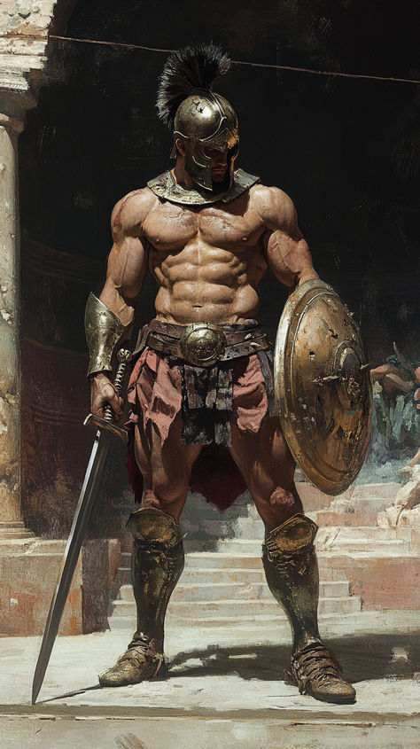 Spanish Knight Art, Leaning Against A Wall Reference, Roman Praetorian Guard, Roman Gladiator Art, Gladiator Concept Art, Dnd Gladiator, Gladiator Character Design, Roman Soldier Art, Gladiator Marvel