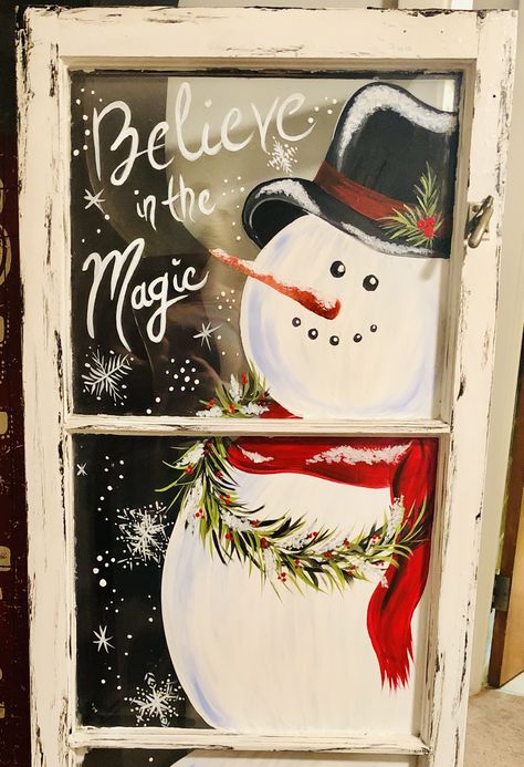 Christmas Decor On Windows, Happy Holidays Window Art, Snow Man Window Painting, Painted Old Windows Ideas, Glass Door Christmas Painting, Christmas Painting On Glass Window, Window Decoration Ideas For Christmas, Painting Ideas On Windows, Old Painted Windows