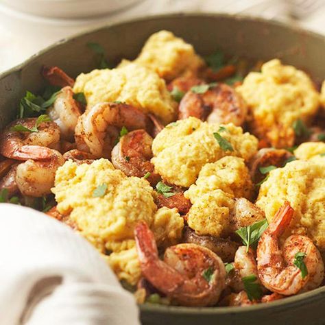 This Cajun Shrimp and Corn Bread Casserole is brimming with colorful vegetables and topped with fluffy cornbread dumplings. More healthy casserole recipes: http://www.bhg.com/recipes/quick-easy/make-ahead-meals/healthy-casserole-recipes/ #myplate Sausage Stir Fry, Bread Casserole, Fall Casseroles, Shrimp And Corn, Shrimp Jambalaya, Shrimp Casserole, Bread Dumplings, Healthy Casserole Recipes, Cornbread Casserole