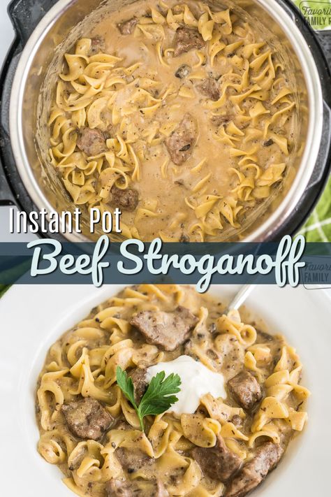 Instant Pot Beef Stroganoff is a comfort food staple that your whole family will love. Using your Instant Pot makes it easy to get fork-tender beef and a rich savory sauce in a fraction of the time. #instantpot #instantpotrecipes #beefstroganoff #dinnerrecipes #FavoriteFamilyRecipes Instant Pot Hamburger Stroganoff, Beef Stroganoff Stew Meat, Ground Beef Instant Pot Recipes, Instant Pot Stroganoff, Beef Stroganoff Instant Pot, Pressure Cooker Beef Stroganoff, Steak Stroganoff, Instant Pot Beef Stroganoff, Instant Pot Ground Beef