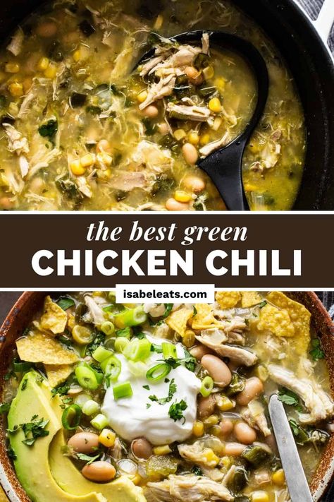 This easy and flavorful Green Chicken Chili Soup is the perfect cozy and comforting weeknight dish. Juicy shredded chicken and white beans come together with green chiles for a warm and tangy bowl of chili. Ready on the stovetop in under 1 hour, or can be made in the crockpot or Instant Pot an even easier meal! Verde White Chicken Chili, Green Chicken Soup Recipes, Green Chilli Chicken Enchilada Soup, Chili Verde Chicken Soup, Green Chile Chicken Tortilla Soup, Green Enchilada Chicken Soup Stove Top, Crockpot Green Chicken Chili, Green Chilli Chicken Crockpot, Green Chilli Chicken Soup