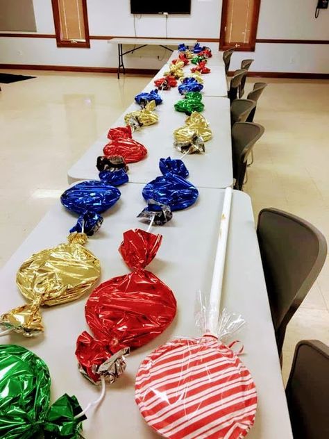 Jumbo Candy Decorations – Haphazard Homemaker Jumbo Candy Decorations, Christmas Parade Floats, Candy Decorations Diy, Diy Christmas Candy, Vbs 2023, Gingerbread Christmas Decor, Vbs 2024, Giant Candy, For Christmas Decorations