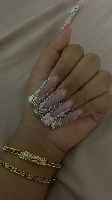 Long Square Acrylic Nails With Gems, Silver And Pink Nail Designs, Pink Blinged Out Nails, Nail Ideas Bling, Hood Nails, Blinged Out Nails, Nails Design With Rhinestones, Girly Acrylic Nails, Glow Nails