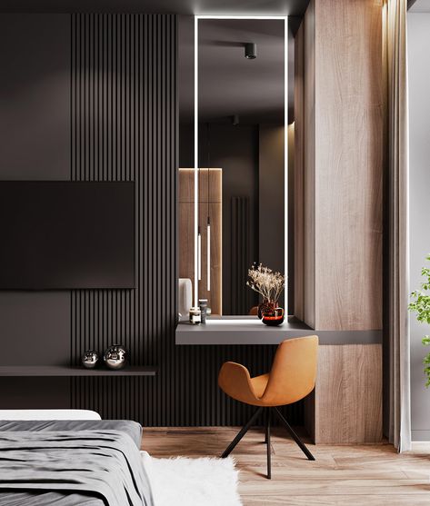 Satisfy Your Dark Side With Black And Grey Interiors Narrow Bedroom, Hotel Room Interior, Black Bedroom Design, Panda Cartoon, Masculine Bedroom, Dresser Table, Modern Luxury Bedroom, Hotel Room Design, Modern Bedroom Interior