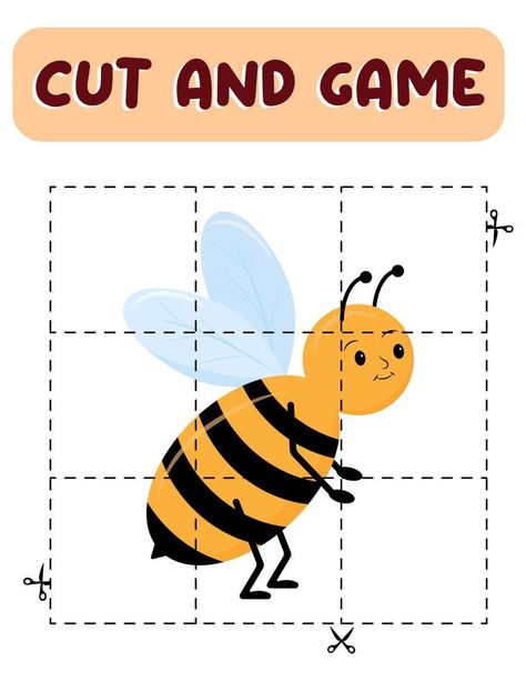 Cut and game bee. Educational children game, printable worksheet.Puzzles with insects Bee Crafts For Kids, Vector Nature, Bee Crafts, Game Printable, Games For Kids, Insects, Crafts For Kids, Vector Free, Bee