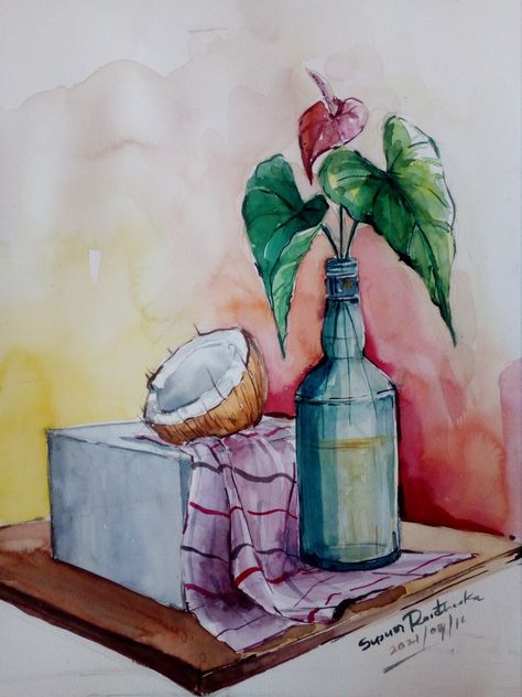 Still Life 3 Objects, Drawing Ideas Still Life, Watercolor Objects Simple, Still Life Drawing With Pencil Colour, Water Colour Still Life Drawing, Still Life Drawing Painting, Still Life Drawing Elementary, Object Drawing Watercolour, Watercolor Still Life Objects