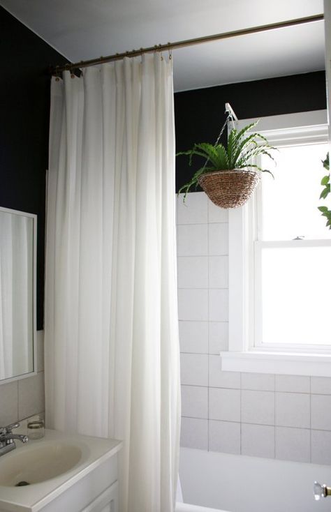 8 Small (But Impactful) Bathroom Upgrades To Do This Weekend Makeover Kamar Mandi, White Shower Curtain, White Shower, Boys Bathroom, Apartment Bathroom, Bathroom Inspo, Bathroom Renos, Bath Tub, Bathroom Shower Curtains