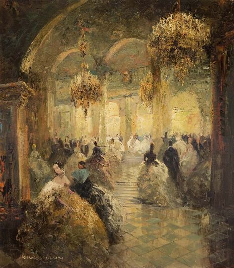 Opera Ball. Ludwig Gschossmann (German, 1894-1988). Oil on canvas. The paintings by Gschossmann were inspired by the German Munich artist Otto Pippel. The painting subject matter had a wide range from the Tegernsee lake picnic scenes to horse and carriage subjects as well as his opera ballrooms. Art Bizarre, متحف فني, Era Victoria, Rennaissance Art, Soyut Sanat Tabloları, People Dancing, Paul Gauguin, Pierre Auguste Renoir, Arte Inspo