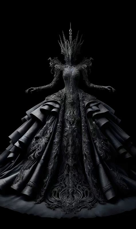 Black Dress Concept Art, Evil Queen Fashion, Dark Fantasy Wedding Dress, Villain Gown, Black Fairytale Dress, Dark Fantasy Gown, Dark Fantasy Dress, Goth Ball Gown, Dark Queen Dress