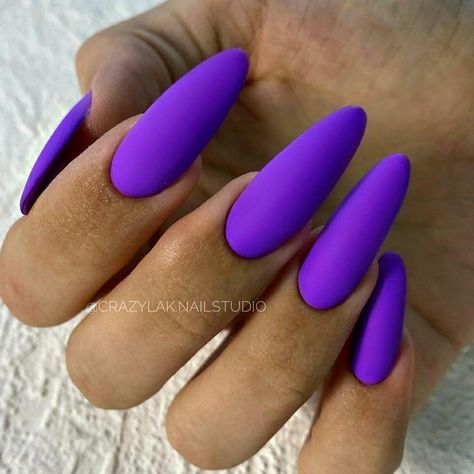 Neon Purple Matte Nails, Matte Purple Nails Almond, Neon Nails Purple, Neon Purple Almond Nails, Neon Purple Nail Designs, Neon Nails Almond Shape, Matte Purple Acrylic Nails, Purple Neon Nails, Neon Almond Shaped Nails