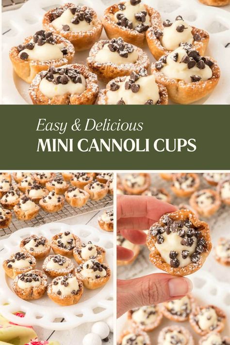 Mini Cannoli Cups Dessert In Small Cups, Cannoli Dessert Table, Mini Cannoli Bites, Cannoli Cake Recipe Easy, How To Make Cannolis, Italian Themed Desserts, Canoli Cups Easy, Mini Canoli Pie, Italian Dessert Ideas