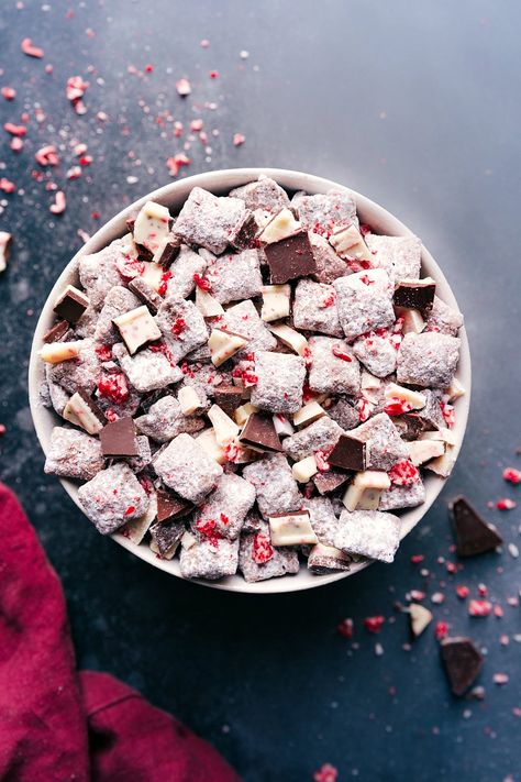 Peppermint Bark Muddy Buddies | Chelsea's Messy Apron Peppermint Treats, Chocolate Chex, Chelsea's Messy Apron, Peppermint Cheesecake, Muddy Buddies, Holiday Snacks, Peppermint Bark, Christmas Snacks, Christmas Pudding