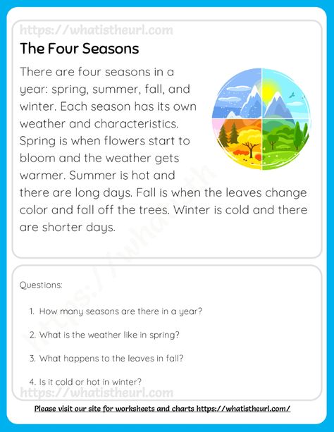 This PDF has reading comprehension about four seasons, the continents, the five senses and the human body.  Each page has one comprehension and questions.Please download the PDF Four Seasons – Reading Comprehension for Grade 3 Comprehension For Grade 3, 3rd Grade Reading Comprehension Worksheets, Science Reading Comprehension, 2nd Grade Reading Worksheets, Reading Comprehension Test, 2nd Grade Reading Comprehension, First Grade Reading Comprehension, Kids Handwriting Practice, Reading Comprehension For Kids