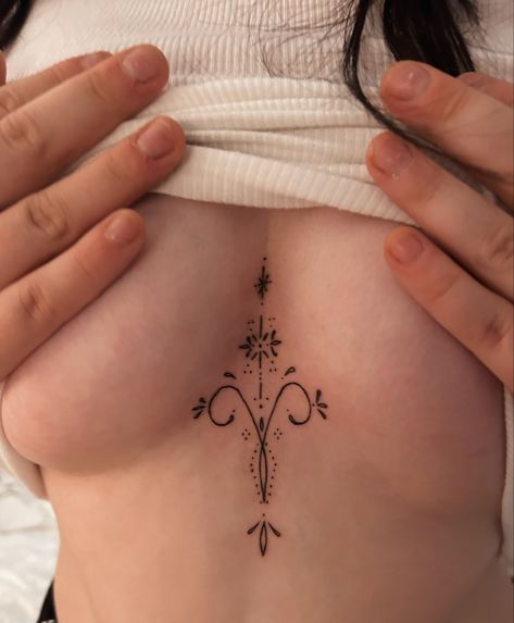 Celestial Underboob Tattoo, Aries Sternum Tattoo, Mia Sayoko Tattoos, Cool Sternum Tattoos, Astrology Tattoo Aries, Cute Aries Tattoo, Cute Sternum Tattoo Women, Fine Line Sternum Tattoo, Aries Tattoo For Women