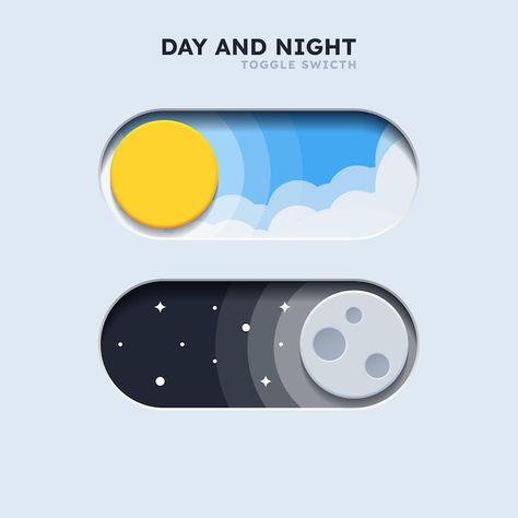 3d toggle button day and night neumorphi... | Premium Vector #Freepik #vector #dark-mode #flat-ui #interface-design #toggle-switch Website Buttons Design, Switch Button Design, Day And Night Graphic Design, Day And Night Logo, App Button Design, Button Designs Ideas, Button Design Ui, Game Button Design, Web Button Design